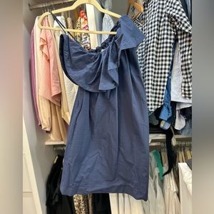Cuyana navy one shoulder cotton ruffle dress